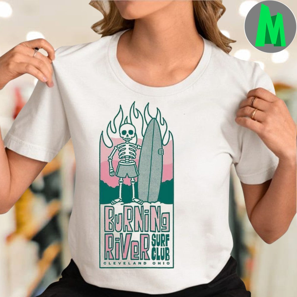 Design Burning River Surf Club Cleveland OH Skeleton Surfer Retro Shirt