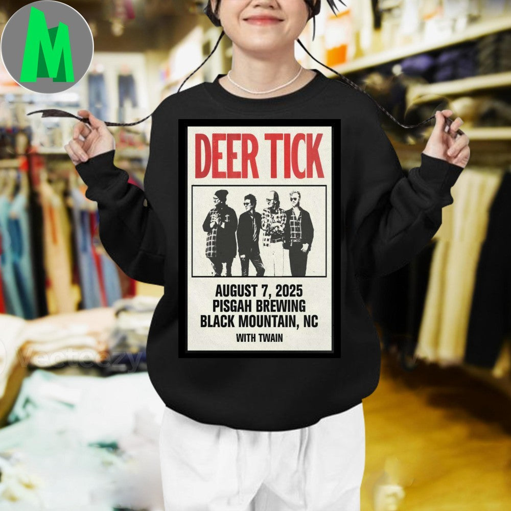 Design Deer Tick Band August 7 2025 Pisgah Brewing Black Mountain Concert Poster T-Shirt