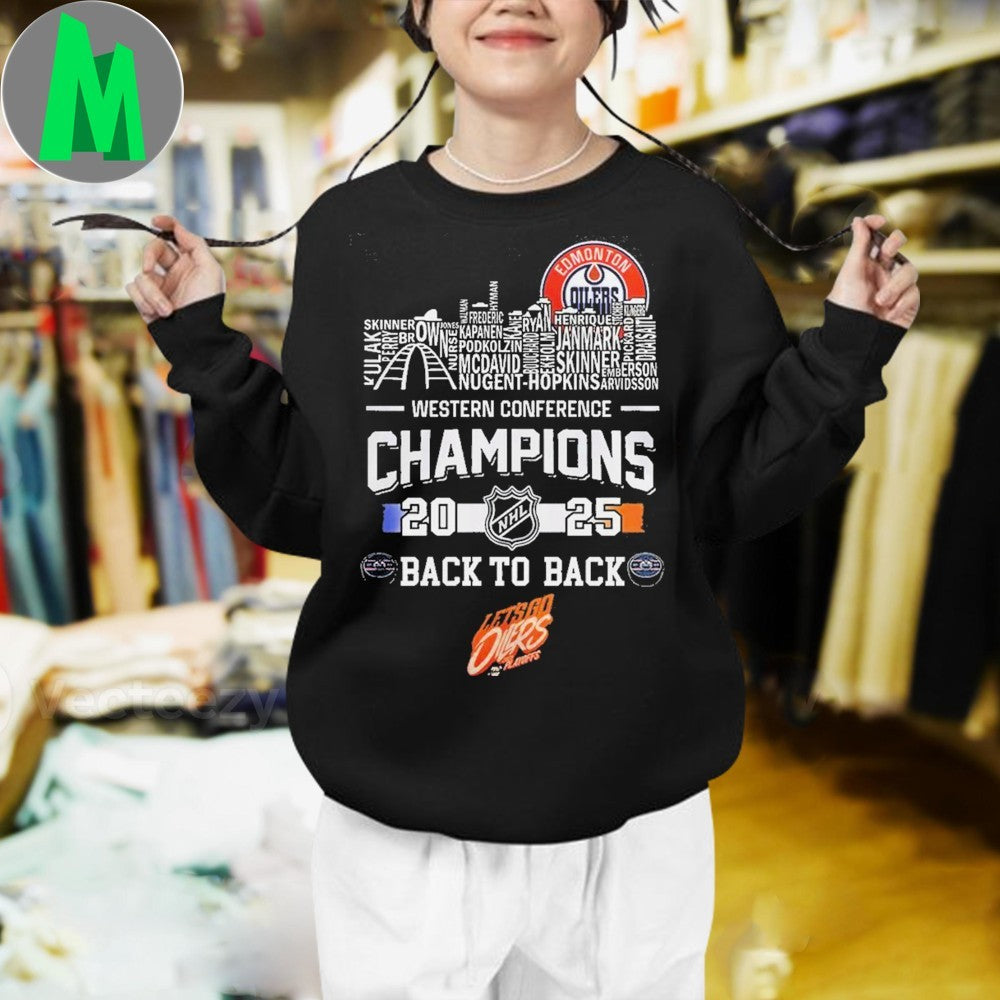 Design Edmonton Oilers 2025 Western Conference Champions Back To Back NHL Hockey Player Names Fan Graphic Tee Shirt