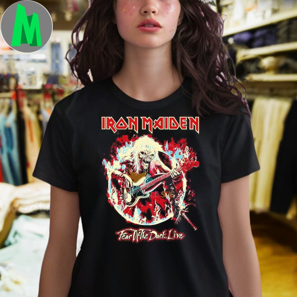 Design Iron Maiden Skeleton Playing Electric Guitar Fear Of The Dark Live Shirt