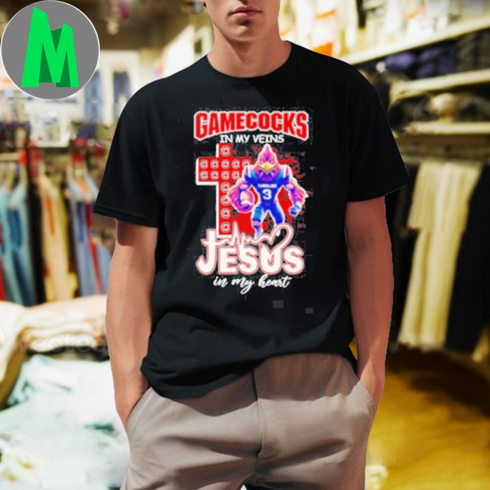 Design Number 3 Gamecocks In My Veins Jesus In My Heart Christian Mascot College Fan Apparel T-Shirt