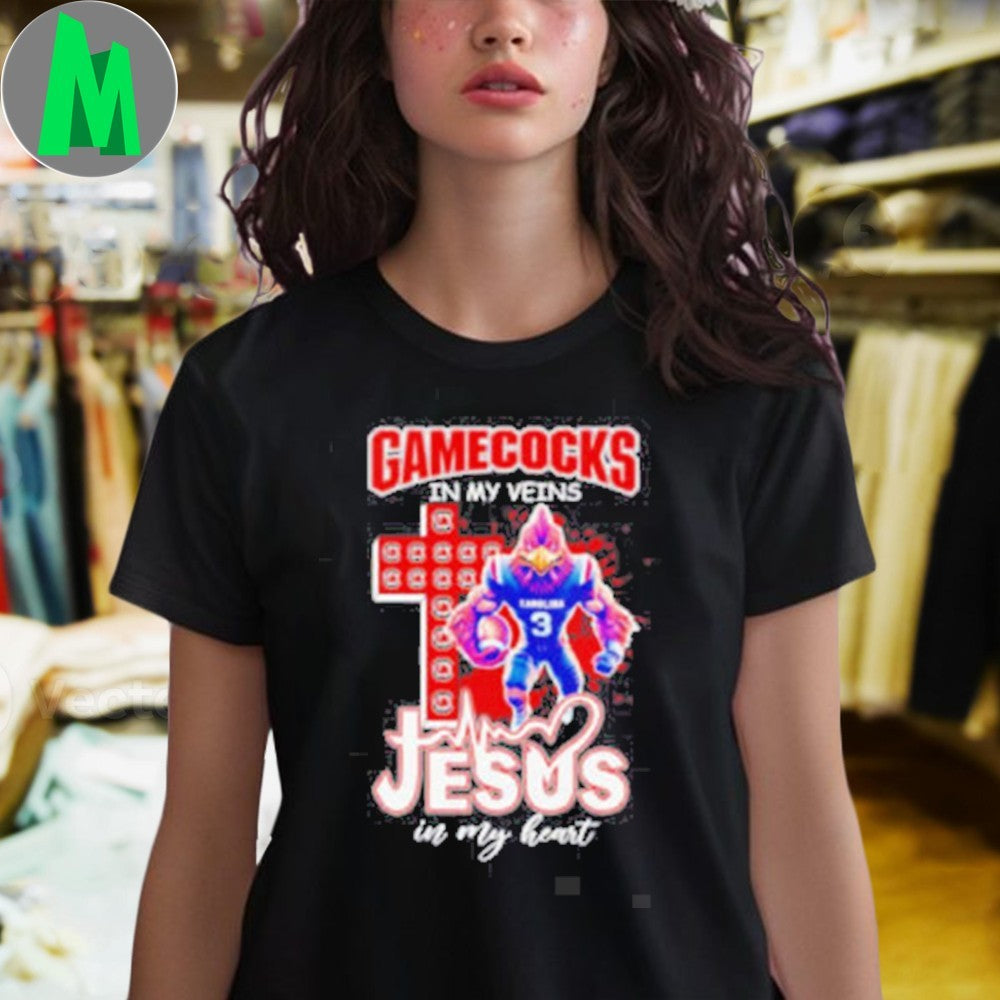 Design Number 3 Gamecocks In My Veins Jesus In My Heart Christian Mascot College Fan Apparel T-Shirt