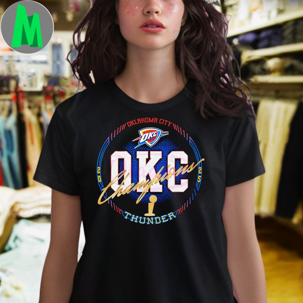 Design OKC Thunder 2025 NBA Finals Champions Blue Ball & Trophy Graphic T-Shirt