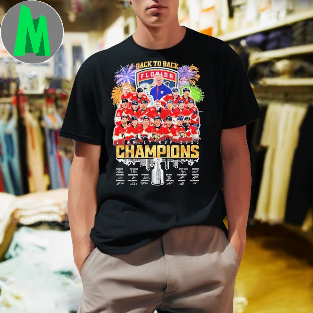 Design Red Florida Panthers Back To Back 2025 Stanley Cup Champions Graphic T-Shirt