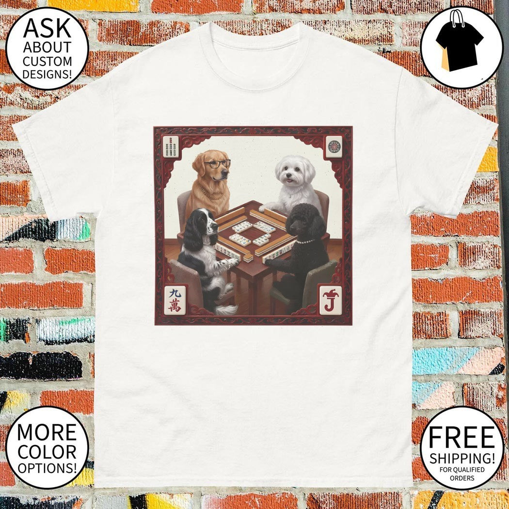 Dogs playing Mahjong with a Golden Retriever and Poodle meme shirt