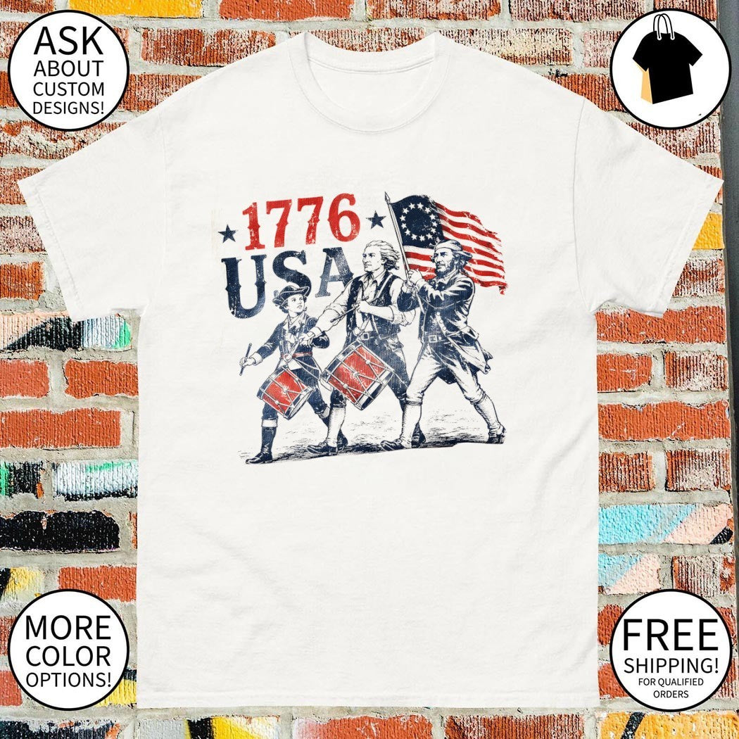 Drummers marching with American flag 1776 USA shirt