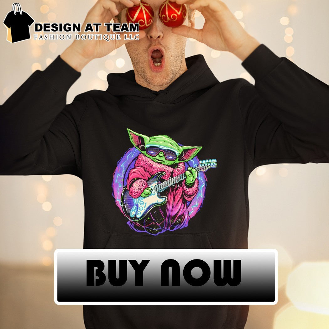 Electric Galaxy Grogu with a guitar shirt