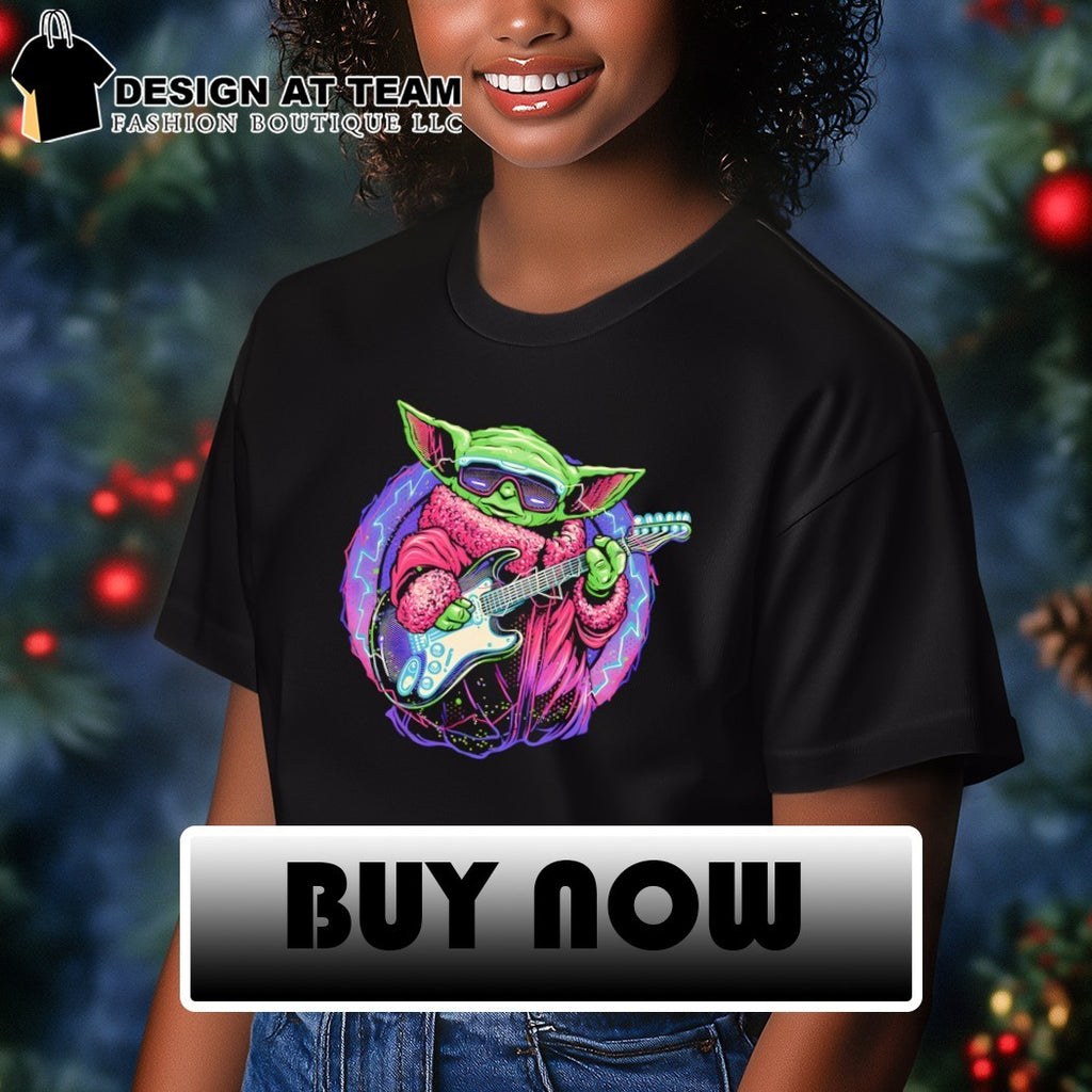 Electric Galaxy Grogu with a guitar shirt