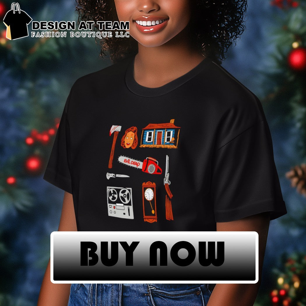 Evil Dead Cabin ax deadite chainsaw shotgun tape recorder clock meme shirt