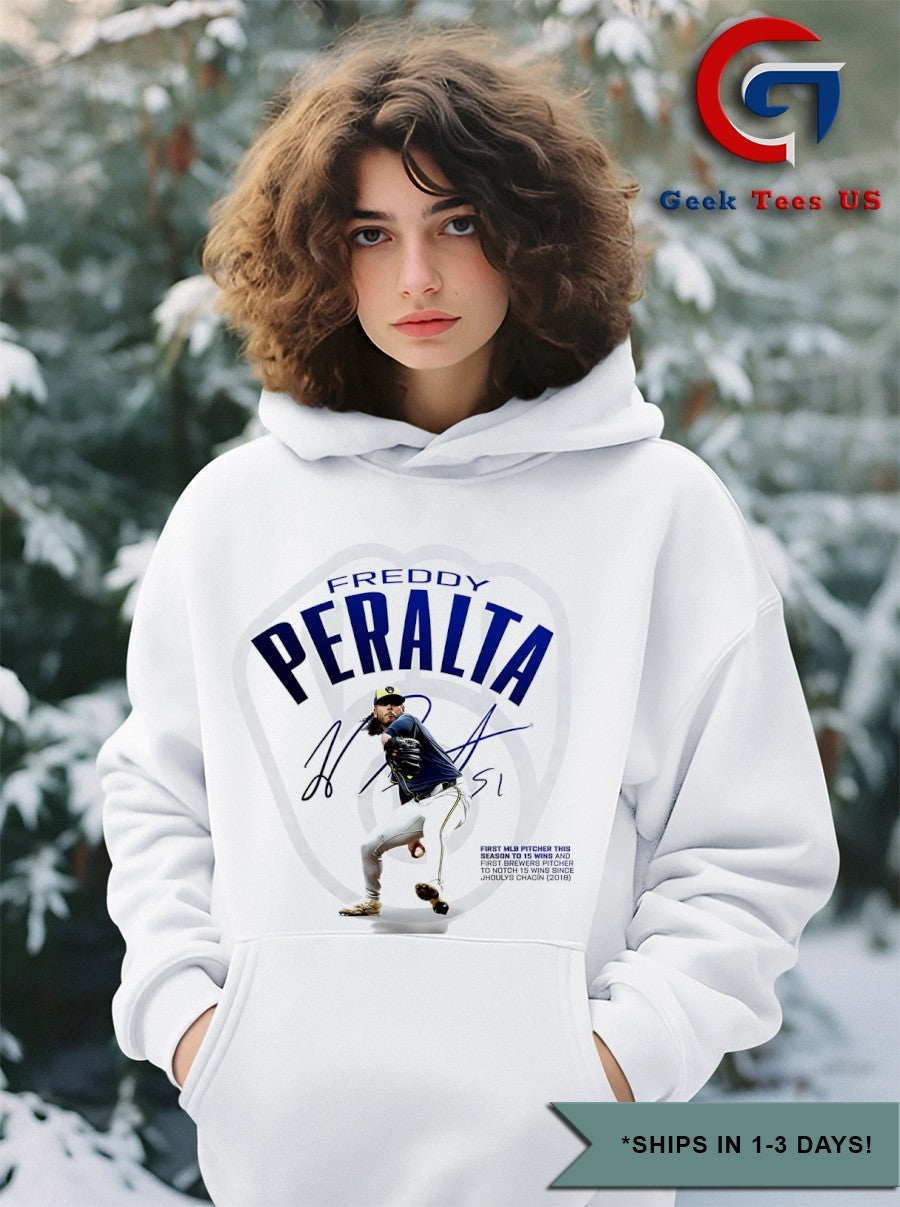 Freddy Peralta Milwaukee Brewers first MLB pitcher this season to 15 wins signature shirt