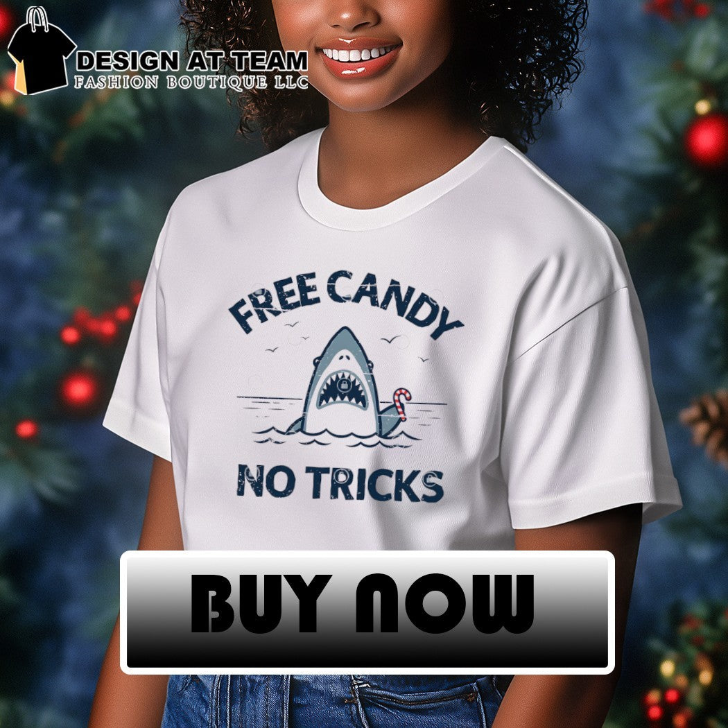 Free candy no tricks trust the shark with the candy cane shirt