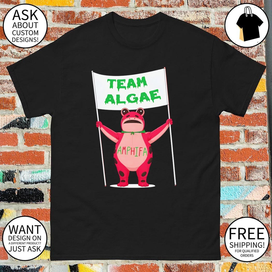 Frog holding Team Algae Amphifa shirt
