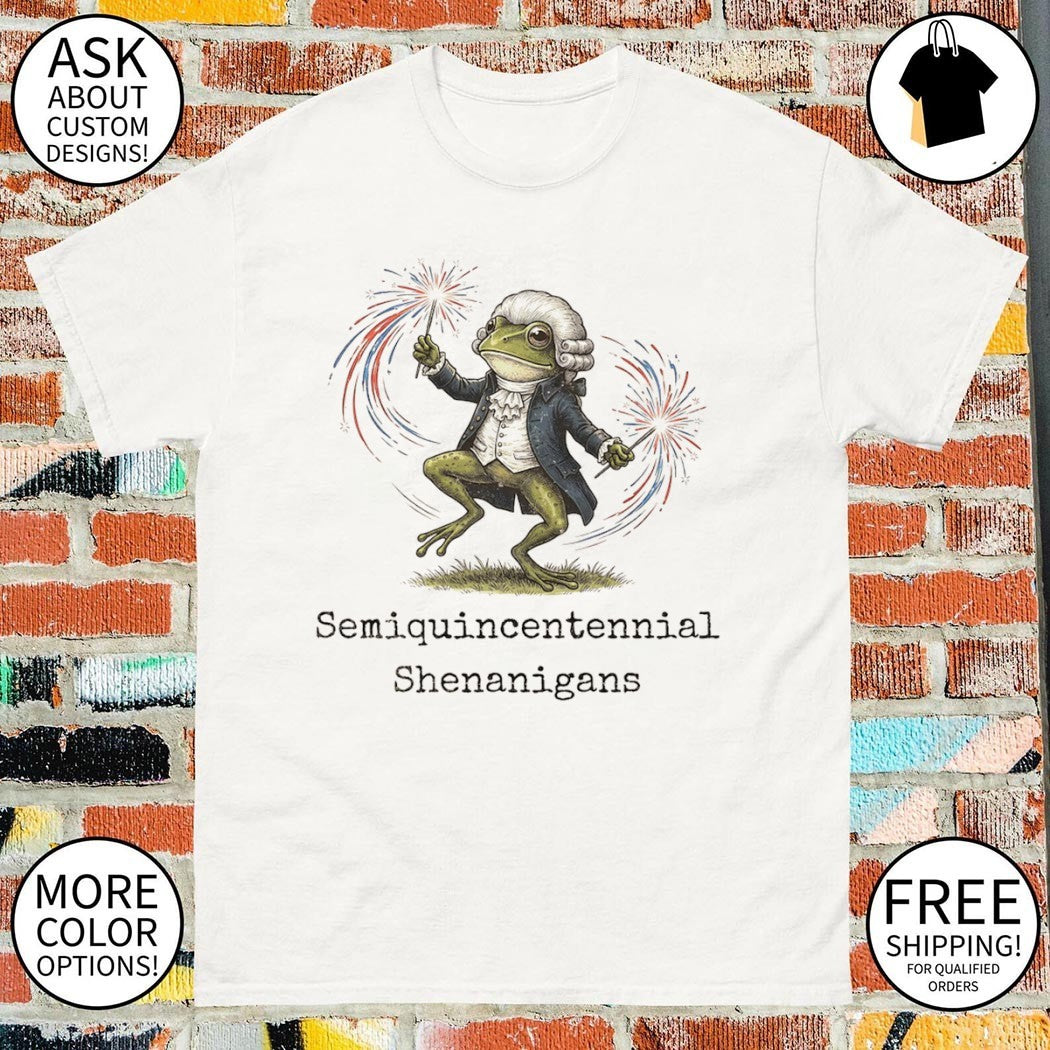 Frog in wig with sparklers Semiquincentennial Shenanigans t shirt