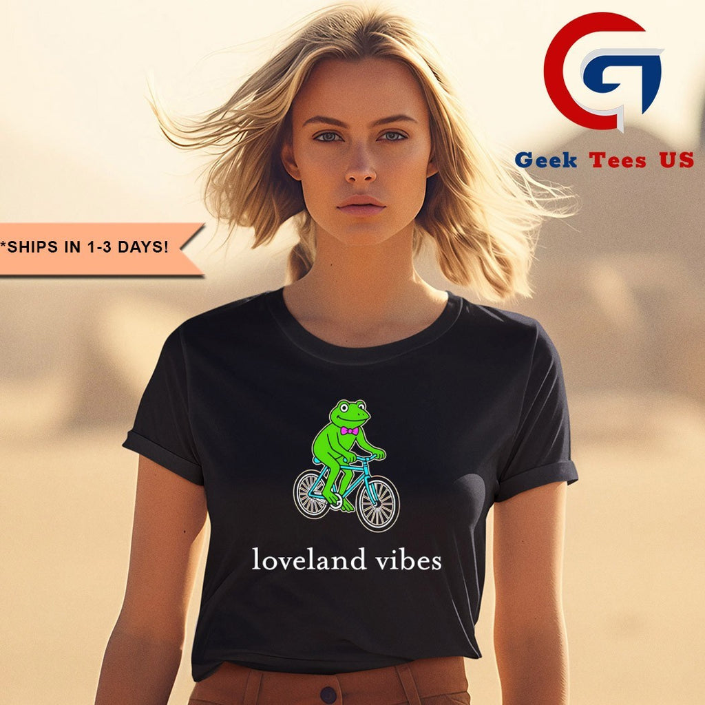 Frog riding bicycle loveland vibes shirt