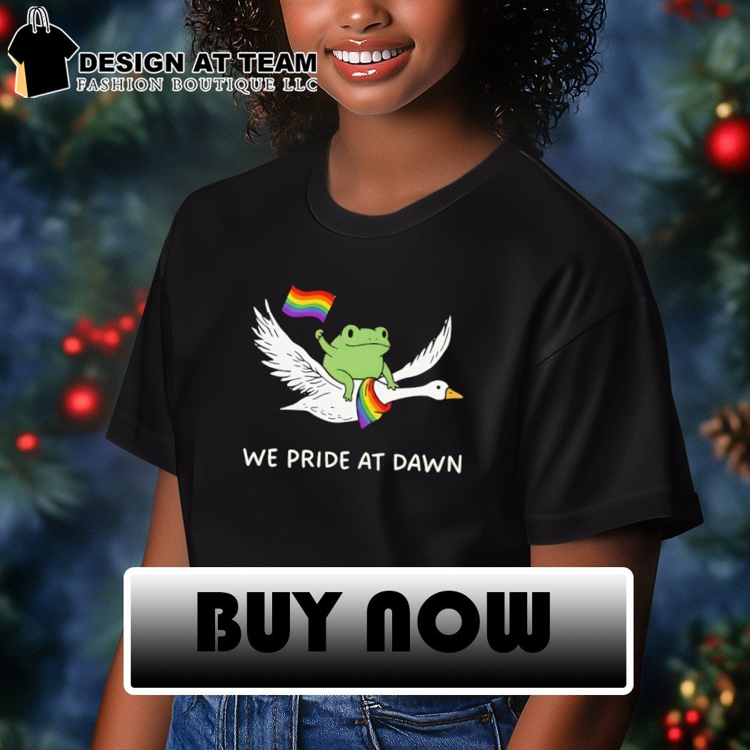 Frog riding goose with rainbow flags featuring we Pride at dawn LGBT shirt