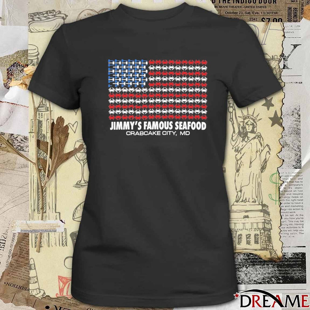 Jimmy’s Famous Seafood Crabcake City MD Crab USA Flag t-shirt