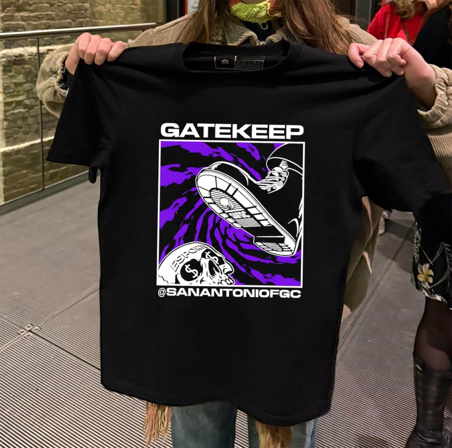 Gatekeep San Antonio FGC boot crushing skull shirt