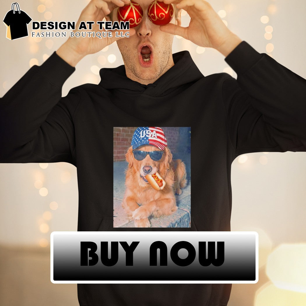Golden Retriever eating Hot Dog 4th of July American flag shirt