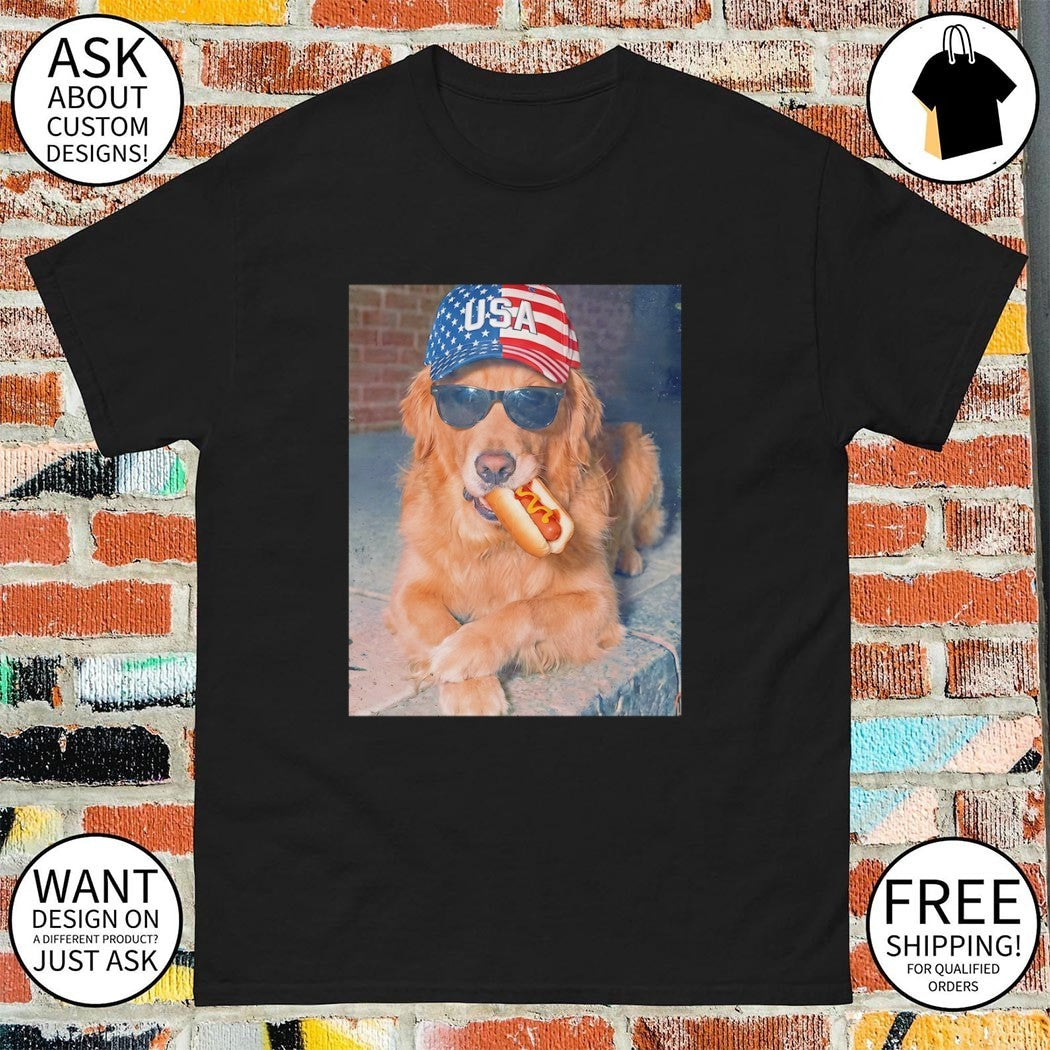 Golden Retriever eating Hot Dog 4th of July American flag shirt