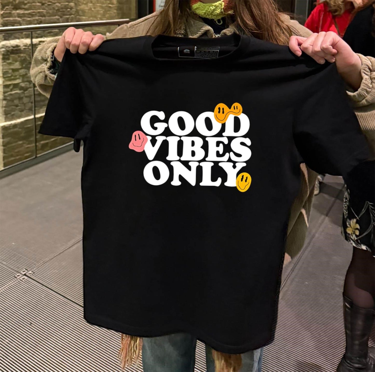 Good Vibes Only smiling face emoji shirt