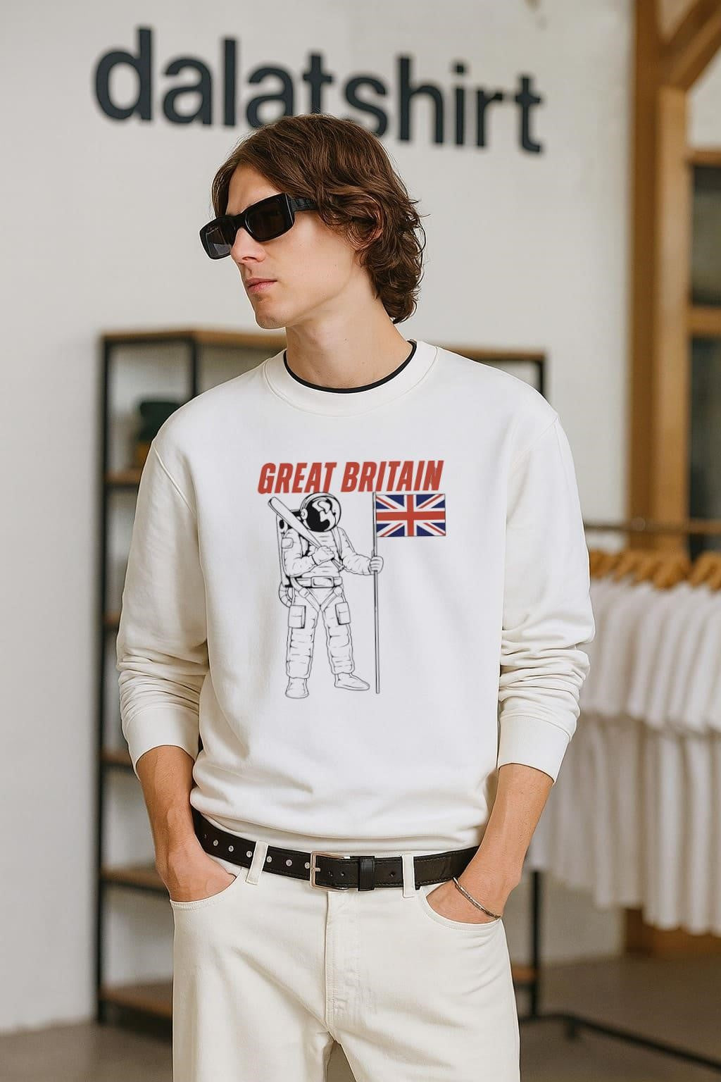 Great Britain Astronaut Holding Baseball Bat and Union Jack shirt