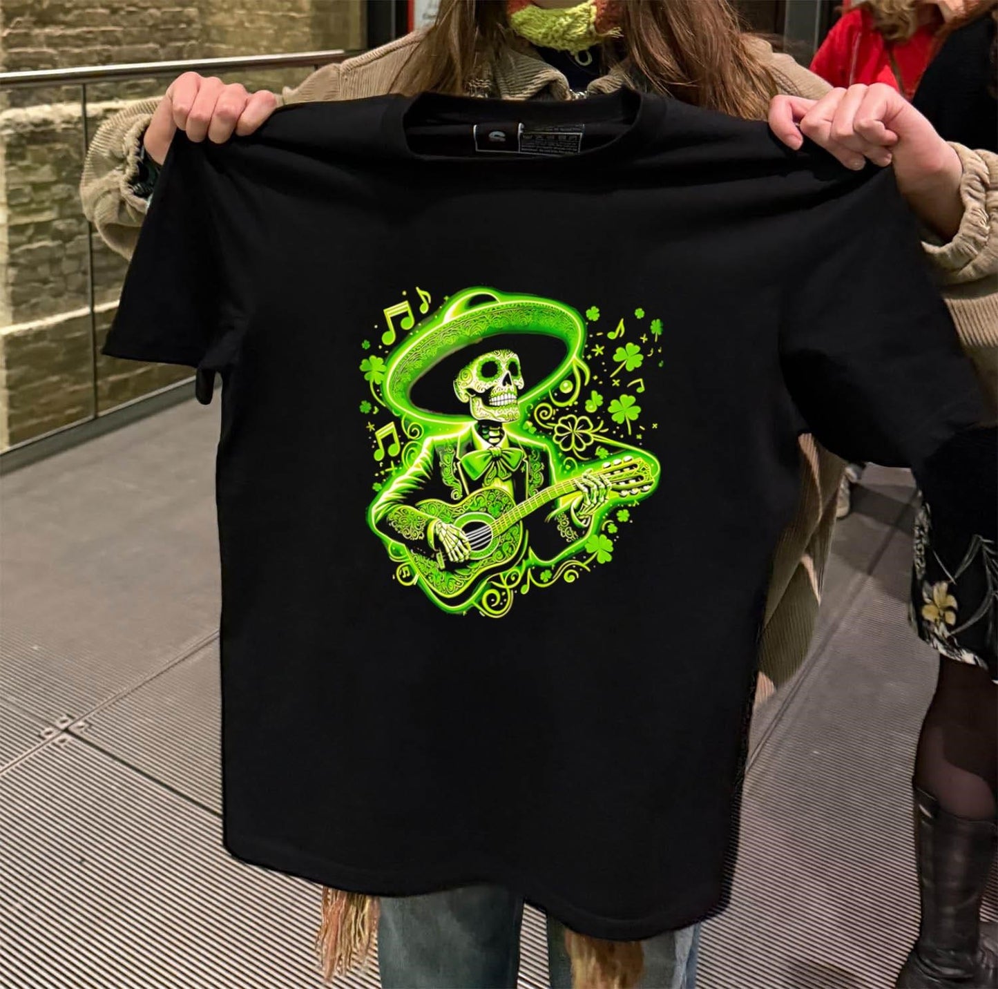 Green Skeleton Mariachi Playing Guitar St Patrick Day Clover shirt
