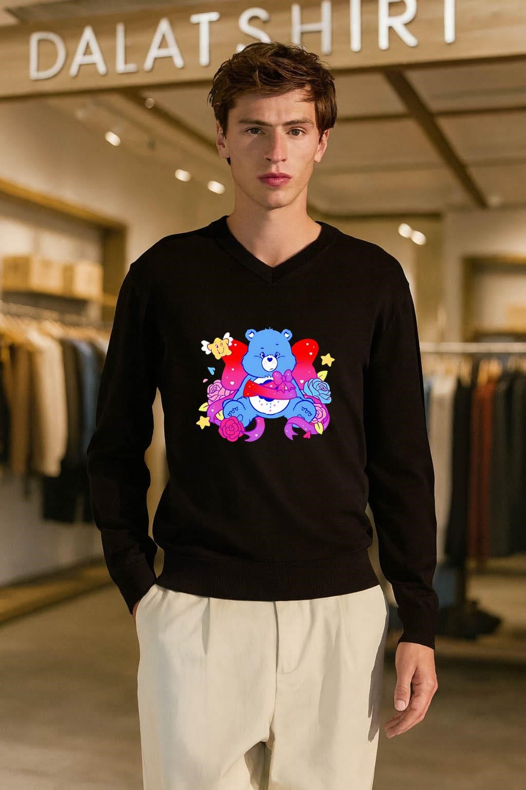 Grumpy Blue Care Bear With Pink Bow and Roses shirt