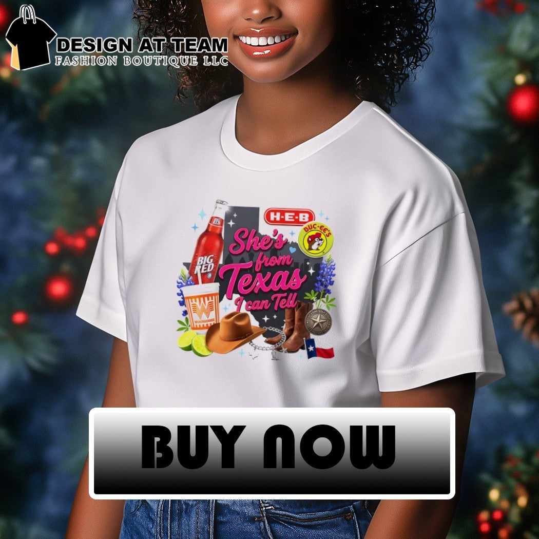 H-E-B Buc-ees Whataburger Big Red Texas state mapshe’s from Texas I can tell text shirt
