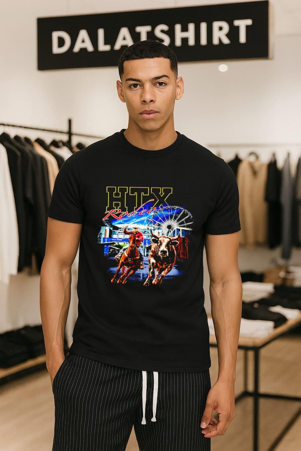 HTX Rodeo Cowboy Roping Bull and Ferris Wheel Graphic shirt
