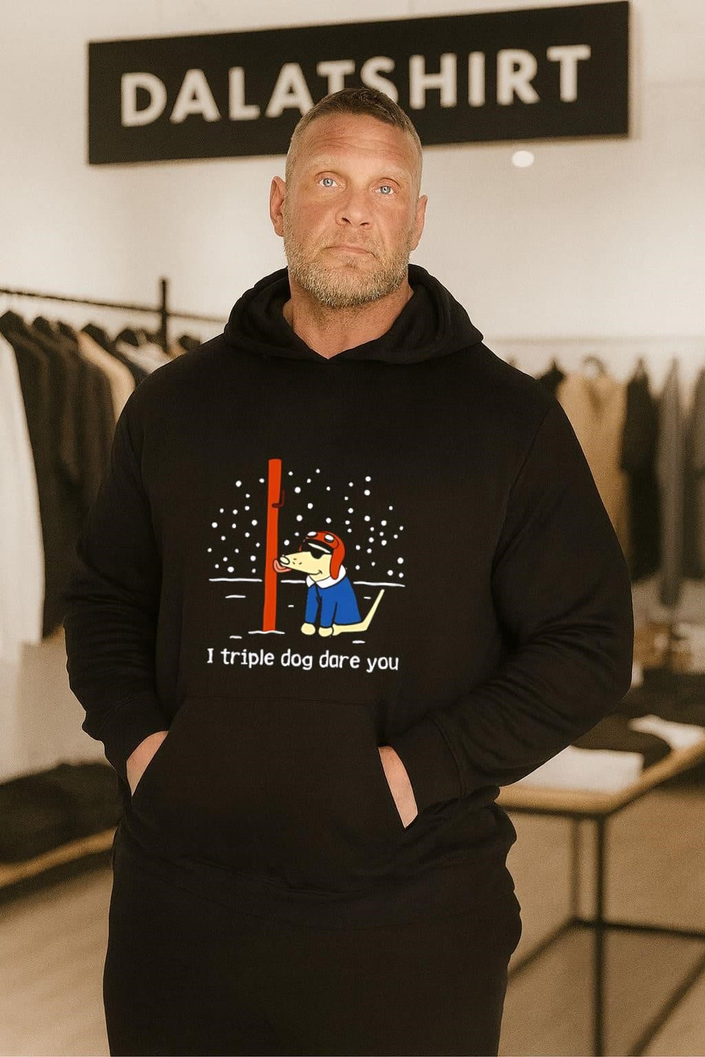 I Triple Dog Dare You Cartoon Dog Licking Pole Winter shirt