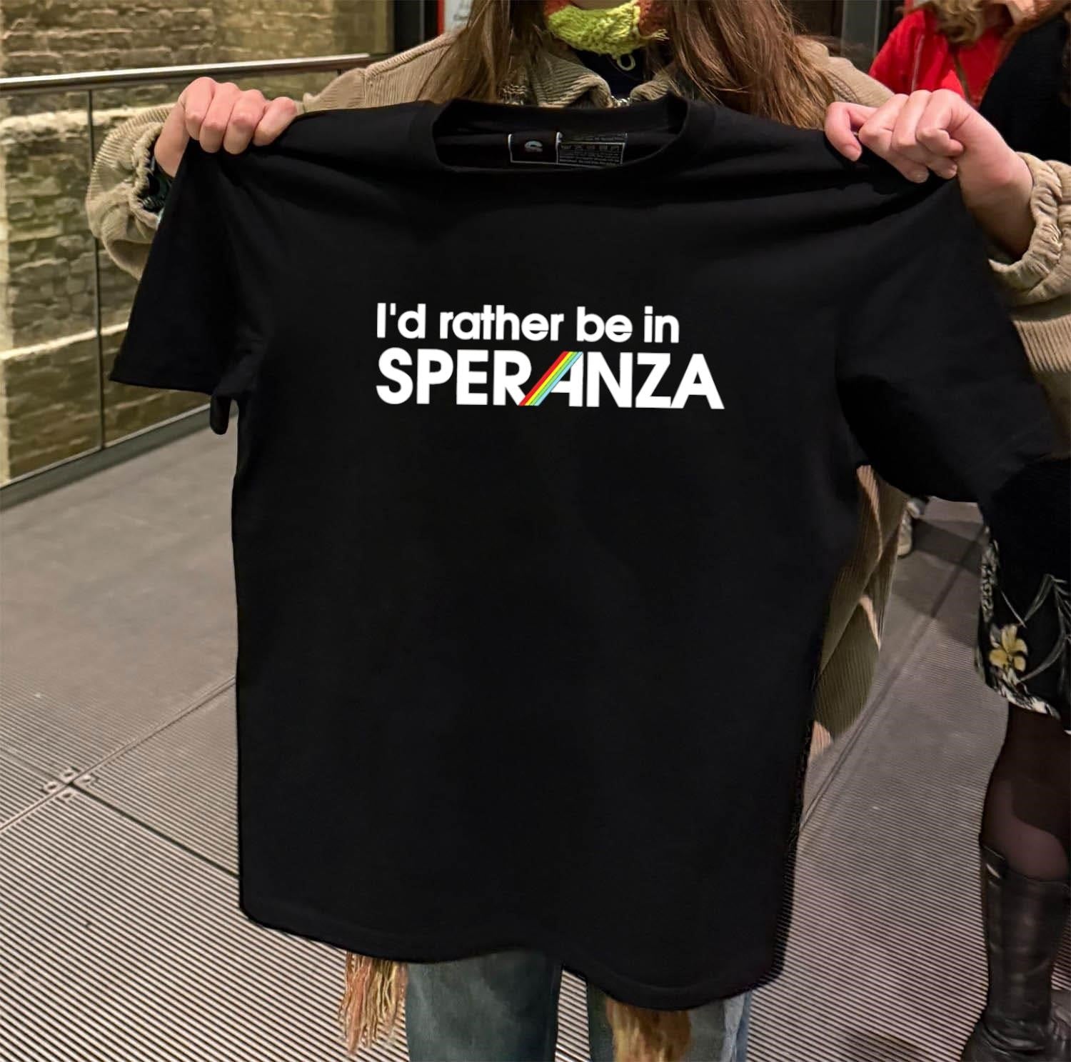 I’d Rather Be In Speranza Text with Retro Rainbow Stripes shirt