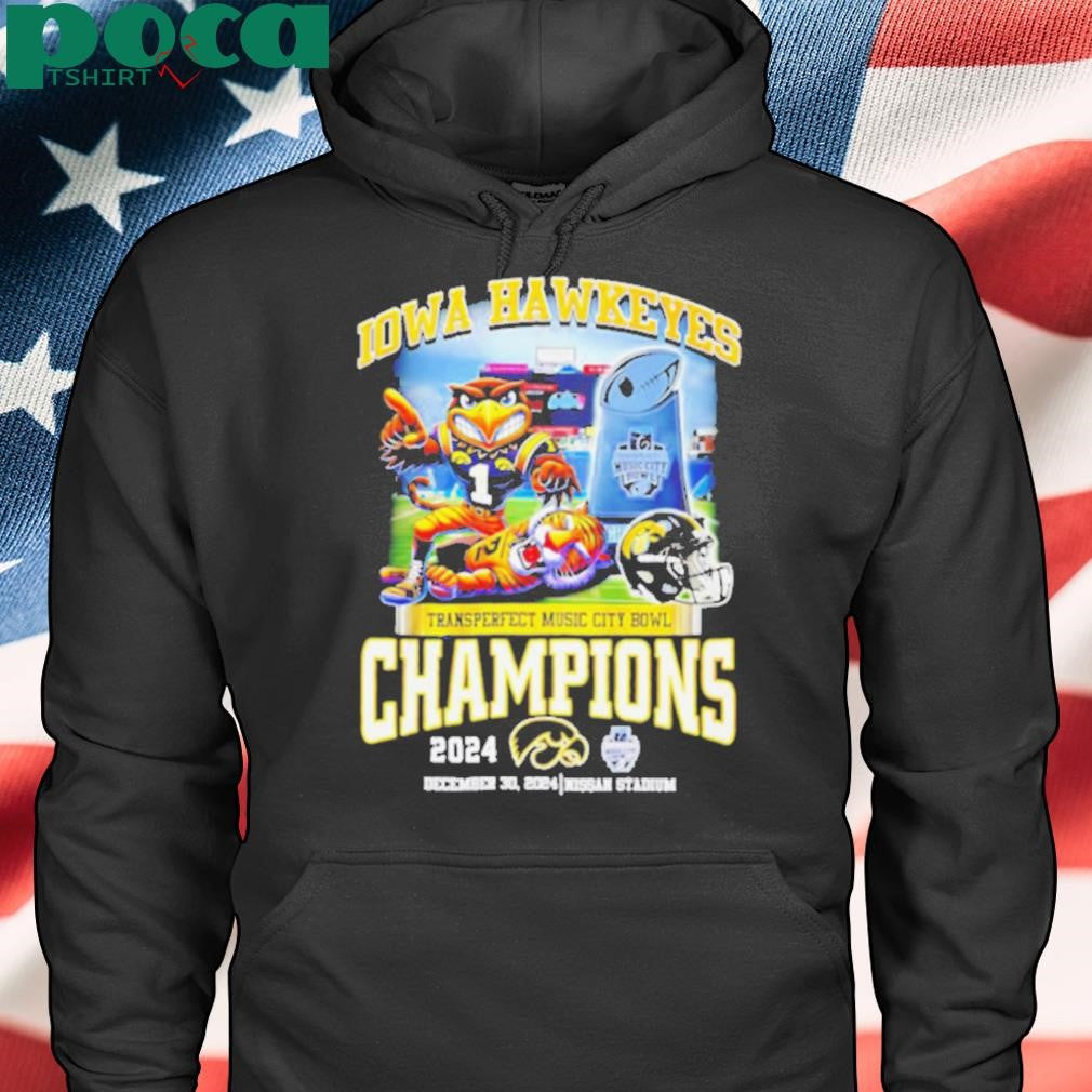 Iowa Hawkeyes Transperfect Music Bowl Champions 2025 mascot trophy shirt