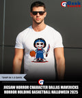 Jigsaw horror character Dallas Mavericks Horror holding basketball Halloween 2025 shirt
