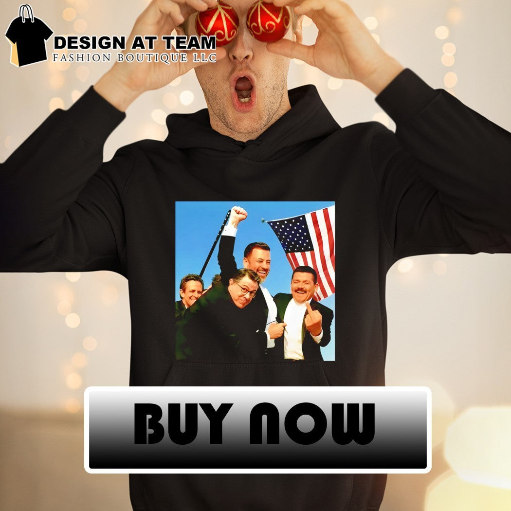 Jimmy Kimmel Jon Stewart Stephen Colbert middle finger fight fight fight American flag shirt