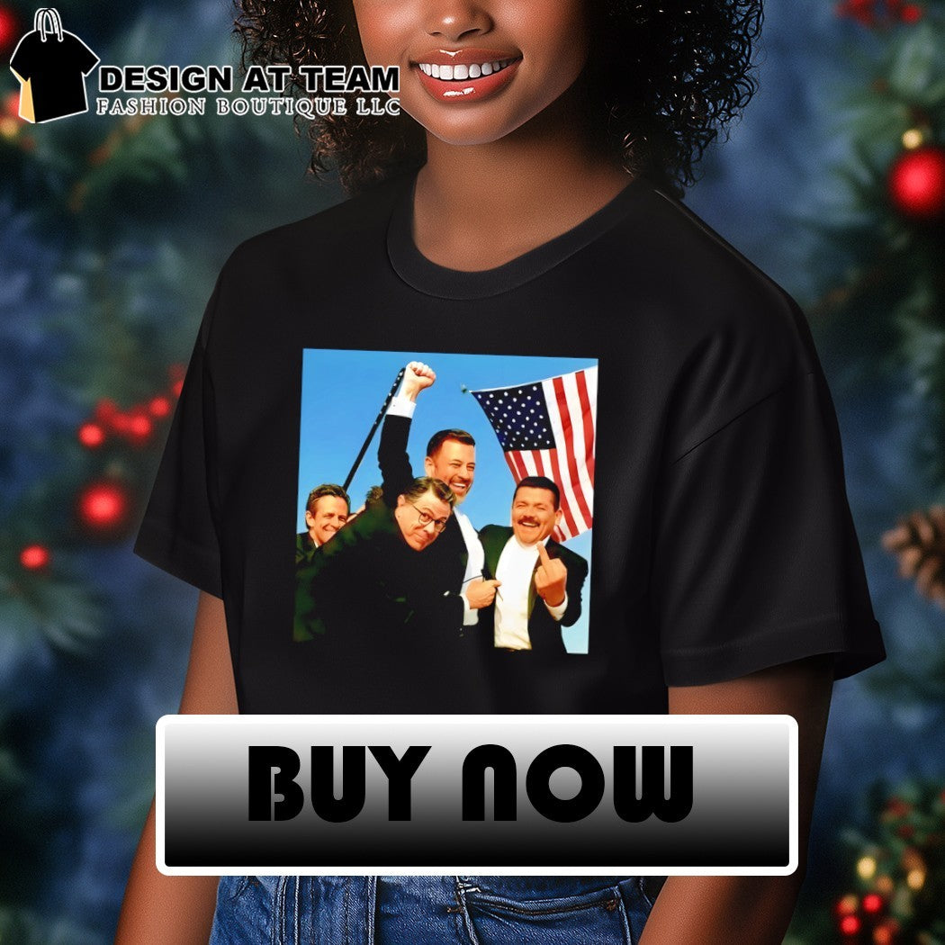 Jimmy Kimmel Jon Stewart Stephen Colbert middle finger fight fight fight American flag shirt