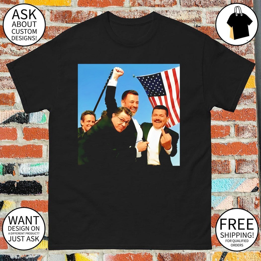 Jimmy Kimmel Jon Stewart Stephen Colbert middle finger fight fight fight American flag shirt