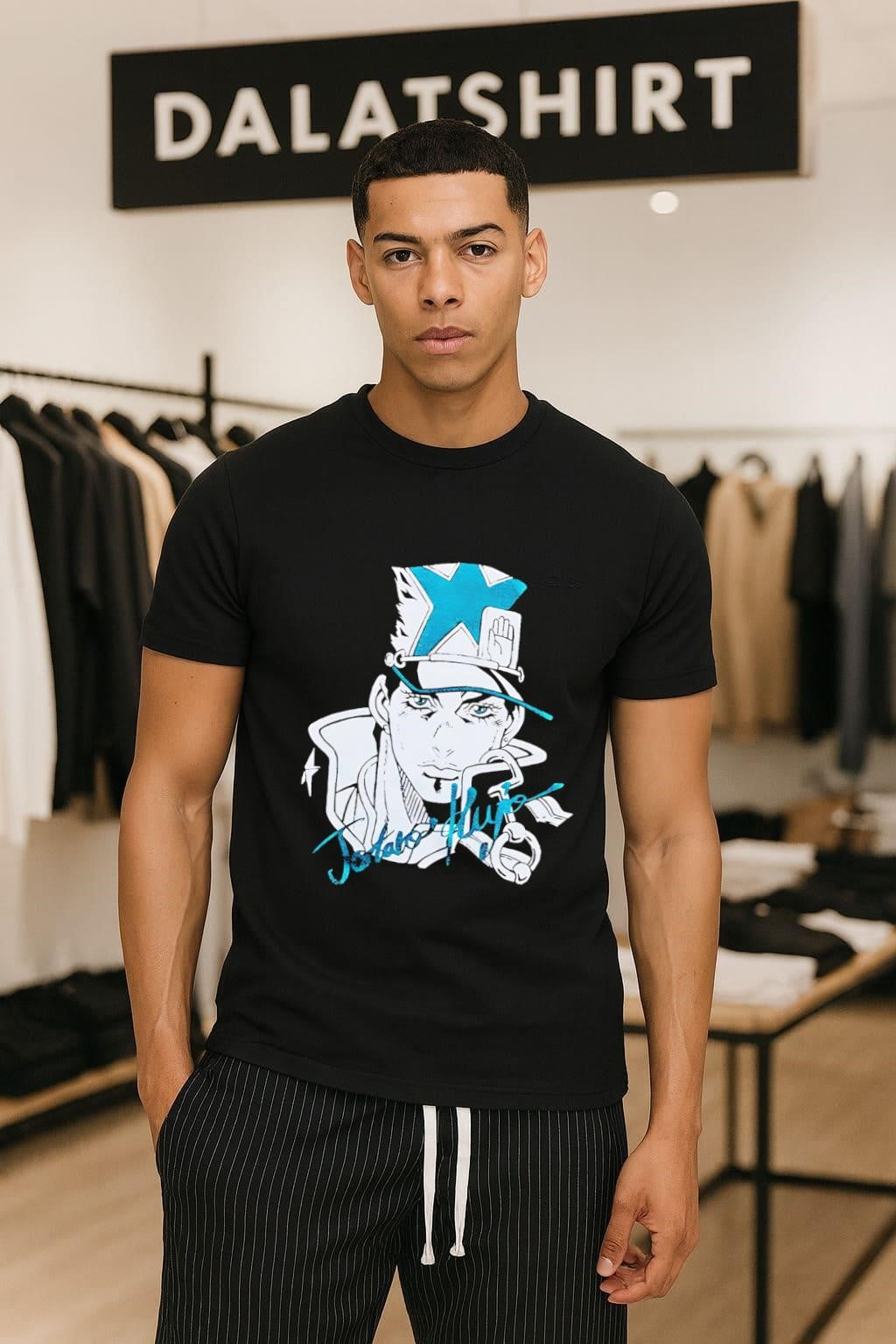 Jotaro Kujo Anime Man Star Hat Teal Glitter Stone Ocean shirt