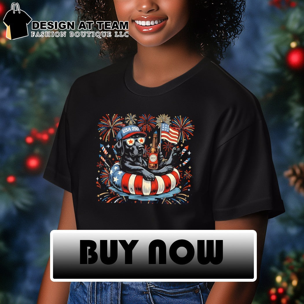 Labrador dog holding beer USA 250 firework American flag 4th of July shirt