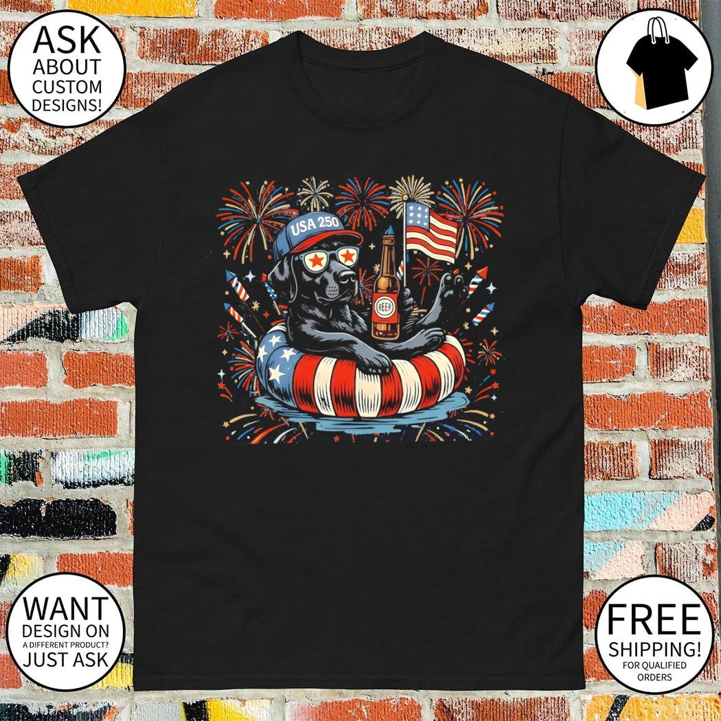 Labrador dog holding beer USA 250 firework American flag 4th of July shirt