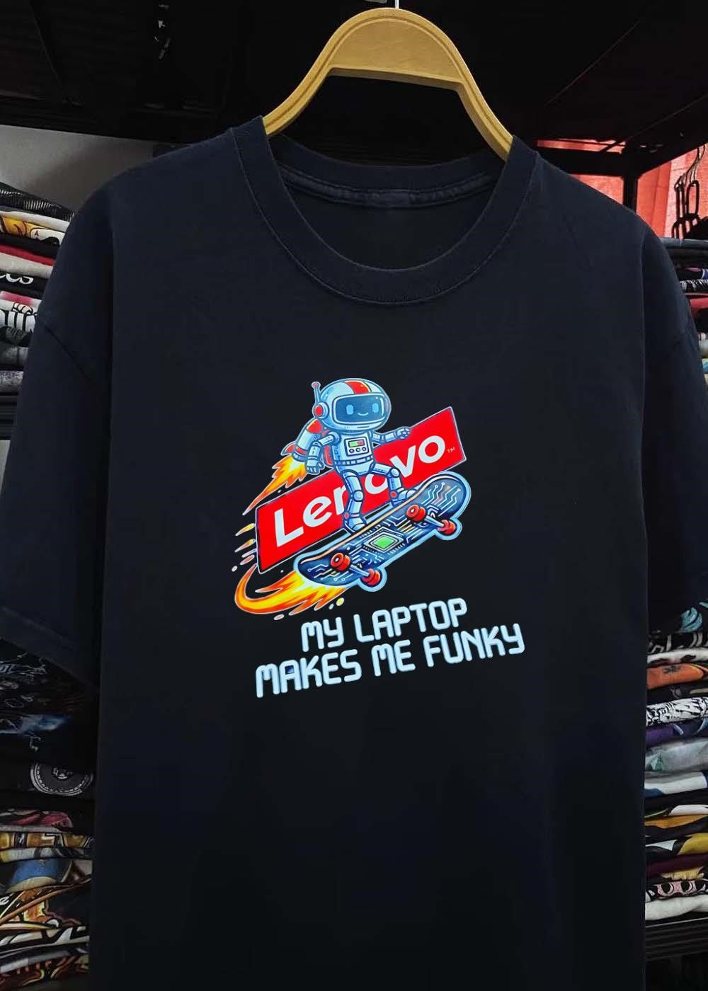 Lenovo Robot Skateboard Graphic My Laptop Makes Me Funky T-Shirt