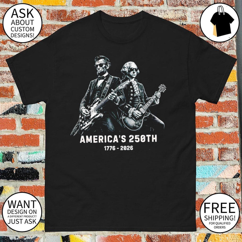 Lincoln and Washington playing guitars on America’s 250th 1776-2026 shirt