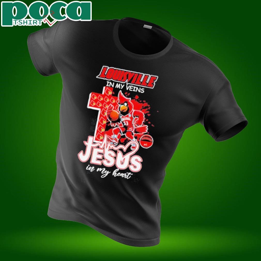 Louisville Cardinals Mascot in my veins Jesus in my heart shirt
