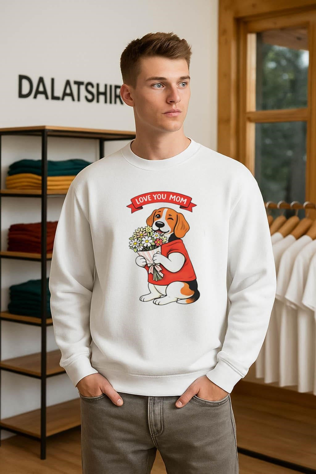 Love You Mom Beagle Dog Holding Flowers shirt