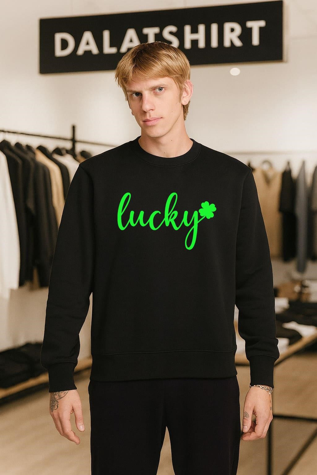 Lucky Cursive Text With Green Shamrock Clover Leaf shirt