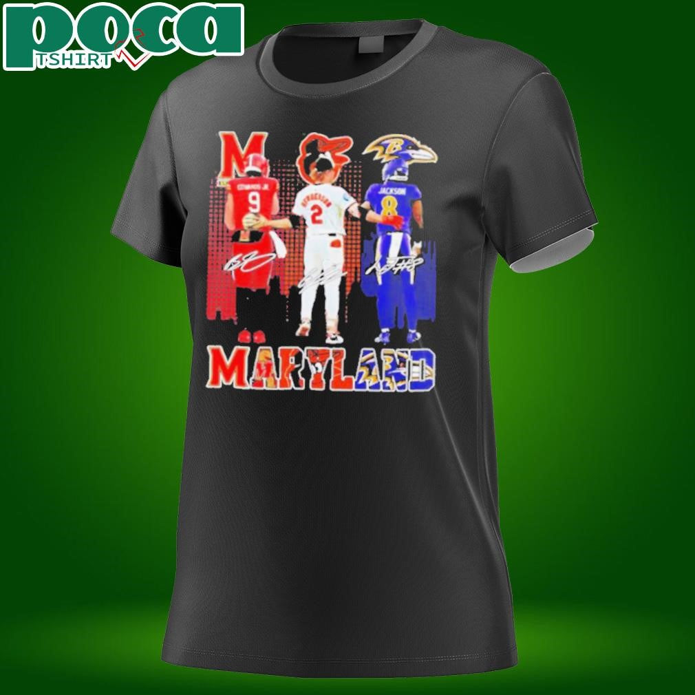 Maryland city skyline Maryland Terrapins Baltimore Orioles and Baltimore Ravens sports signatures shirt
