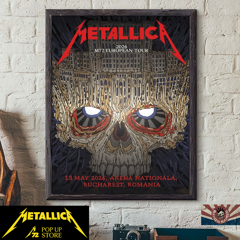 Metallica 2026 M72 European Tour May 13, 2026 Arena Nationala, Bucharest , Romania Palace Of Parliament Skull Art Poster