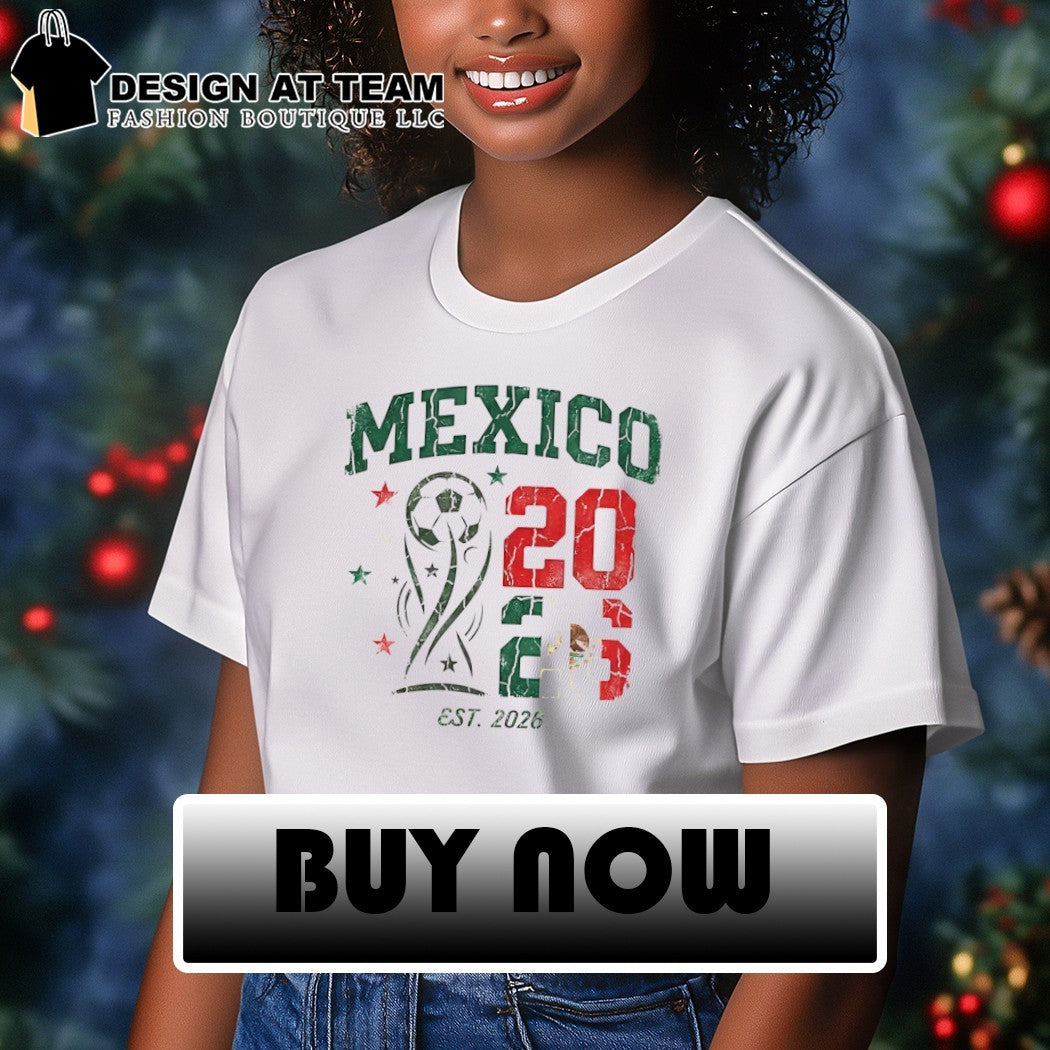 Mexico soccer trophy celebrating the upcoming est 2026 World Cup tournament shirt