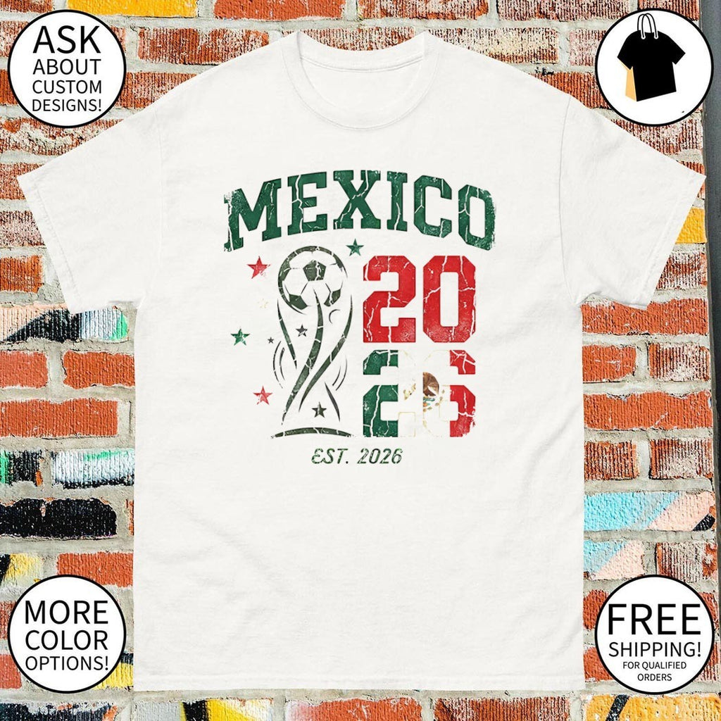 Mexico soccer trophy celebrating the upcoming est 2026 World Cup tournament shirt