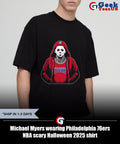 Michael Myers wearing Philadelphia 76ers NBA scary Halloween 2025 shirt