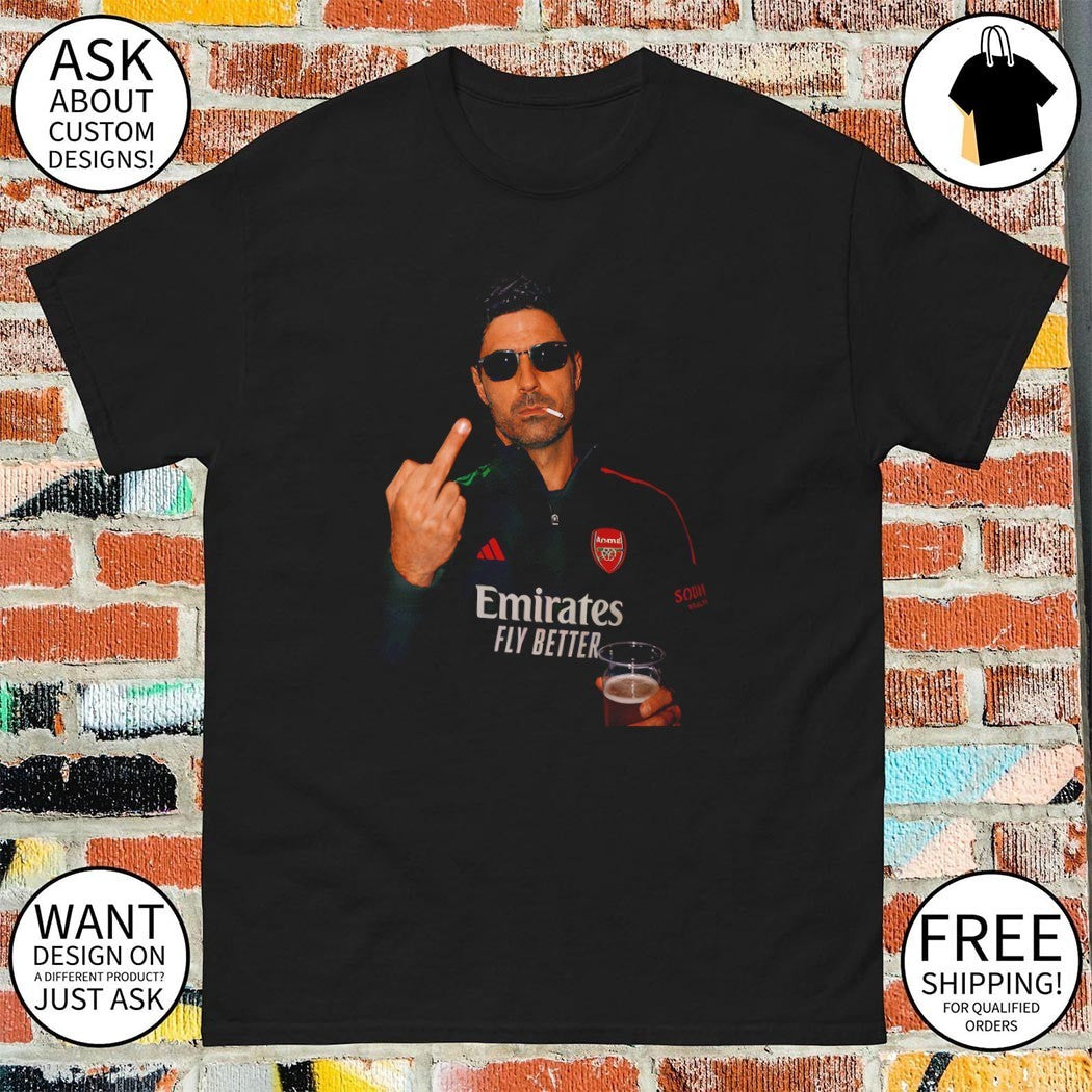 Mikel Arteta Arsenal Coach smooking middle finger Premier League Champions 2025 26 shirt